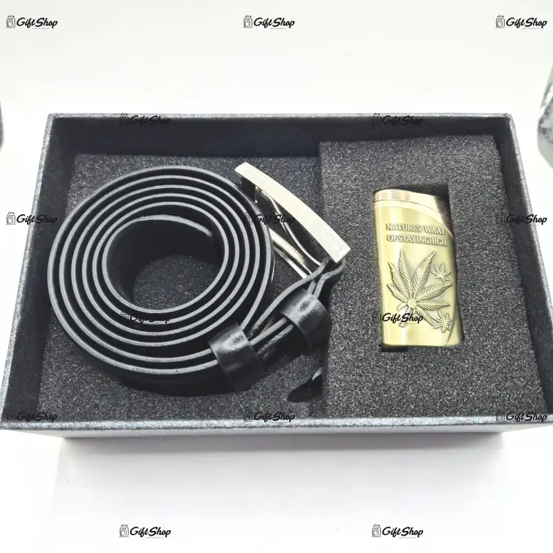 Set cadou curea piele naturala bricheta in cutie cadou a